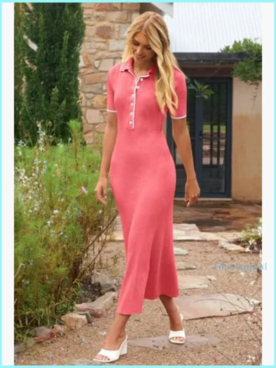 Ribbed Maxi Dress V-Neck Button Front Slim Fit Knit Sweater Dress - Picture 3 of 7